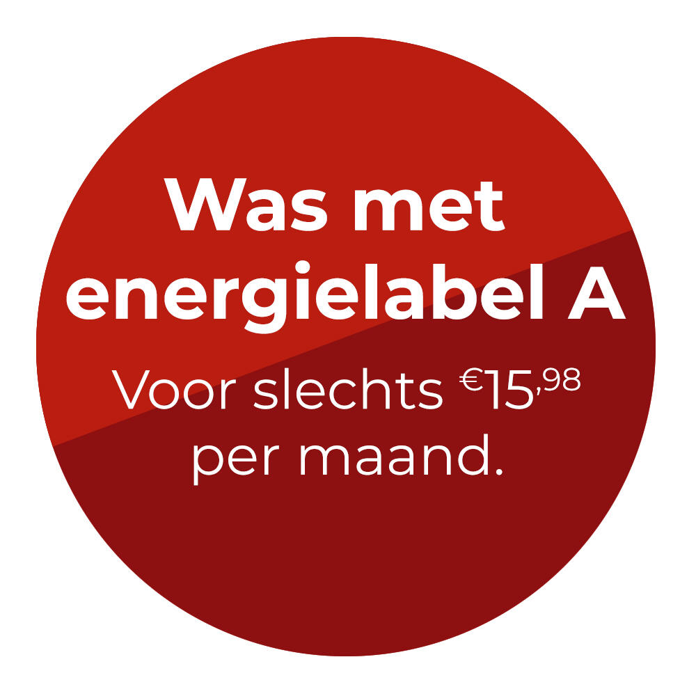 Ronde rode afbeelding met tekst over energielabel A wasmachine voor €15,98 per maand.