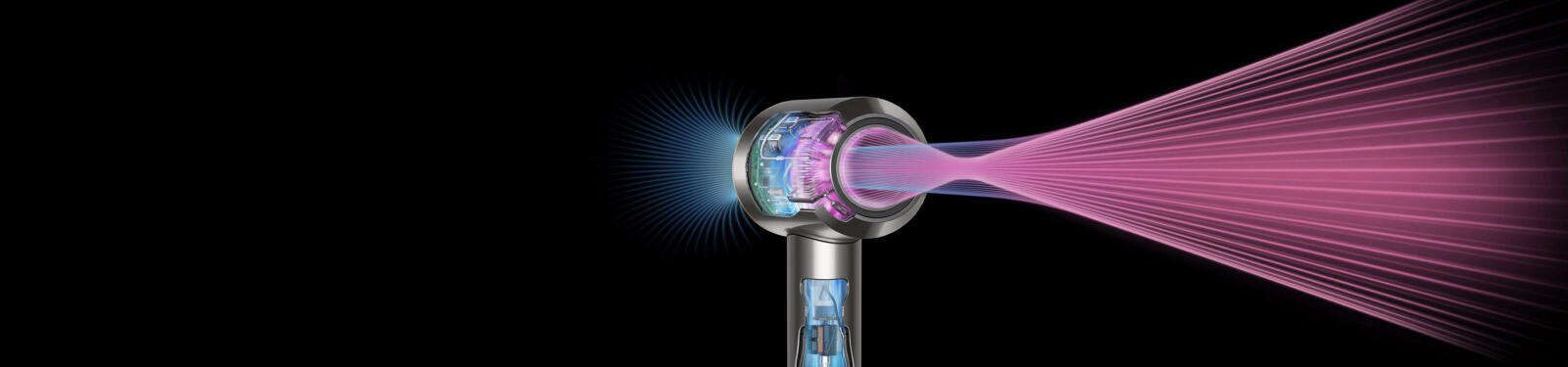 Een stilistische weergave van een stofzuiger of föhn met luchtstromen en lichtstralen.