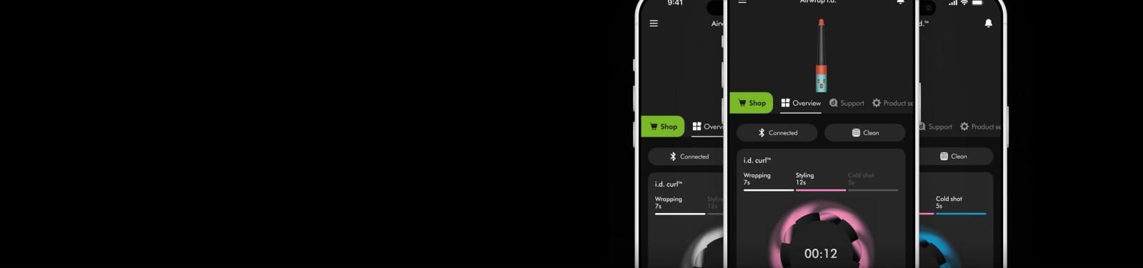 Drie smartphones met een interface voor een stylingapparaat, met knoppen en timer.