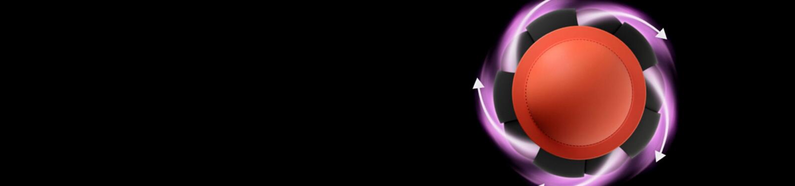 Oranje bol met paarse wervelingen en pijlen op een zwarte achtergrond.