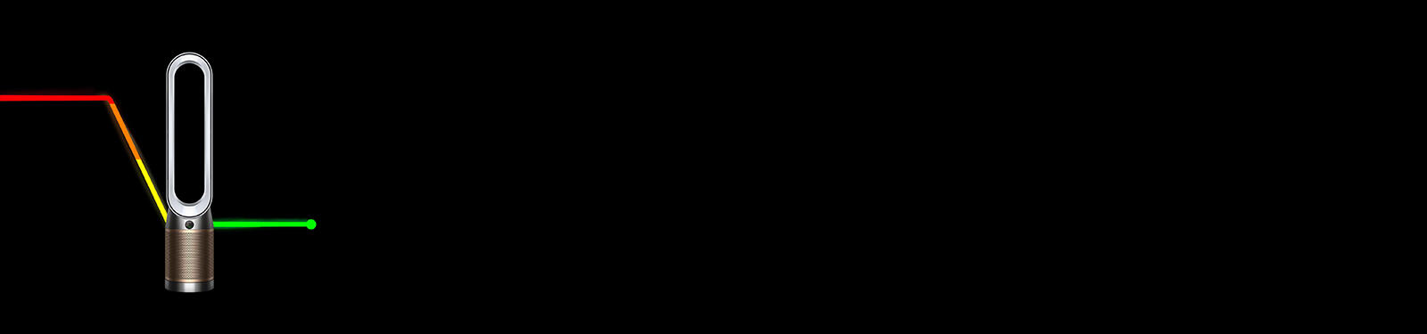 Een luchtreiniger met gekleurde luchtstroom lijnen in rood, geel en groen op een zwarte achtergrond.