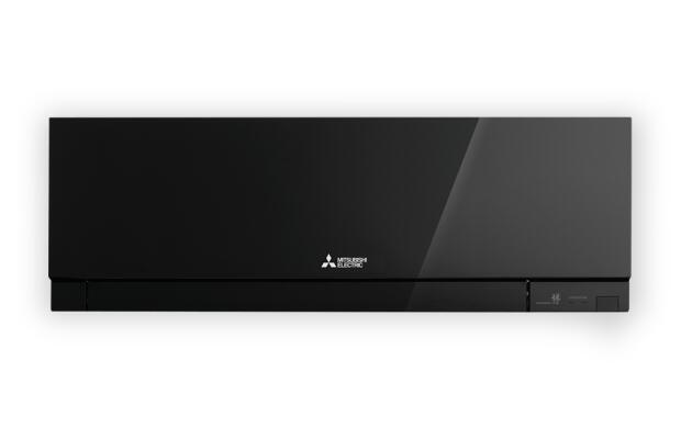 Zwarte wandairconditioner van Mitsubishi Electric met een strak, modern design.