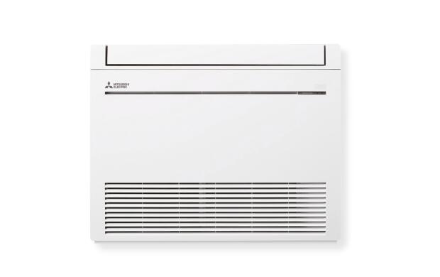 Een witte airconditioner van Mitsubishi Electric met ventilatieroosters.