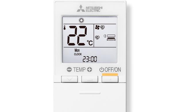 Een digitale thermostaat van Mitsubishi Electric, ingestelde temperatuur is 22 graden Celsius.