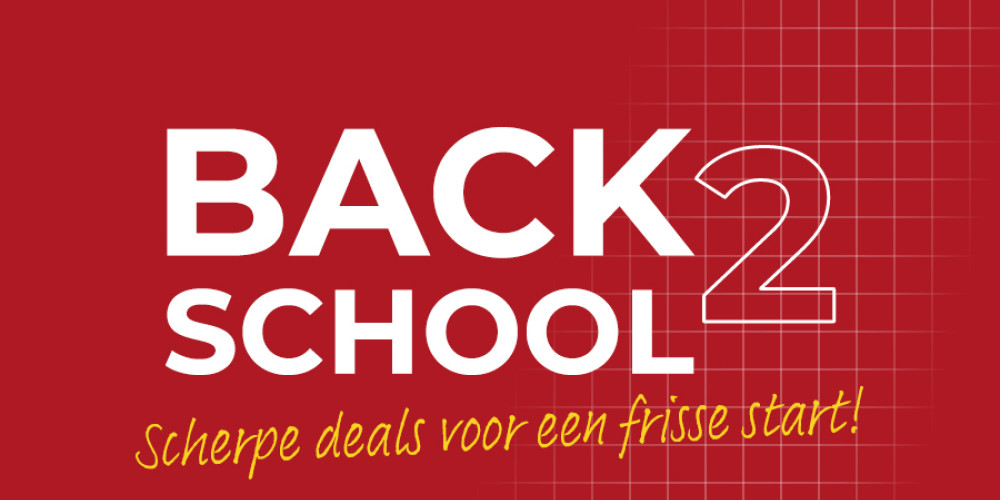 Back to School met de tekst: 'Scherpe deals voor een frisse start!' op een rode achtergrond met een rasterpatroon.