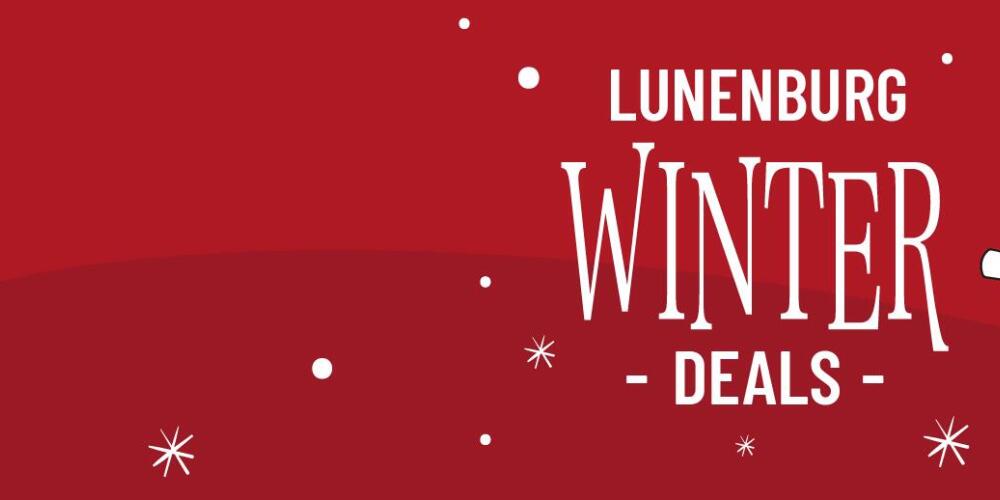 Rode achtergrond met witte sneeuwvlokken en tekst "Lunenburg Winter Deals".