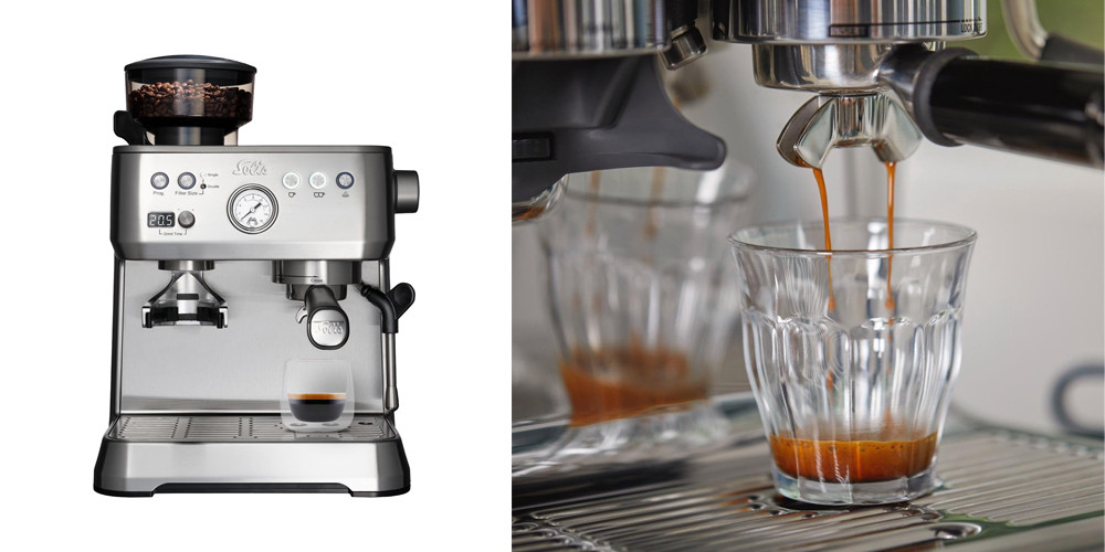 Een espressomachine met bonenmaler links en glazen kopjes die gevuld worden met espresso rechts.