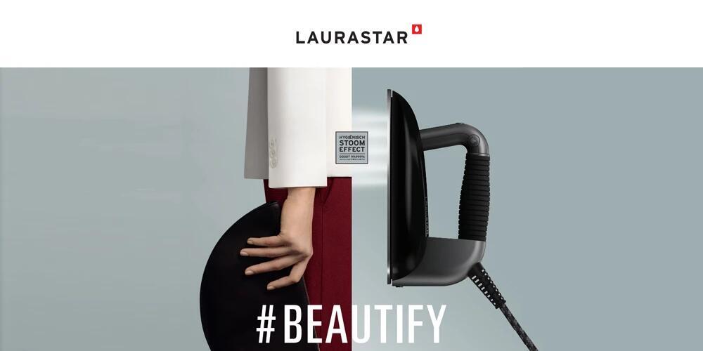 Reclamebeeld met een persoon en een strijkijzer, tekst "Beautify", merk Laurastar.