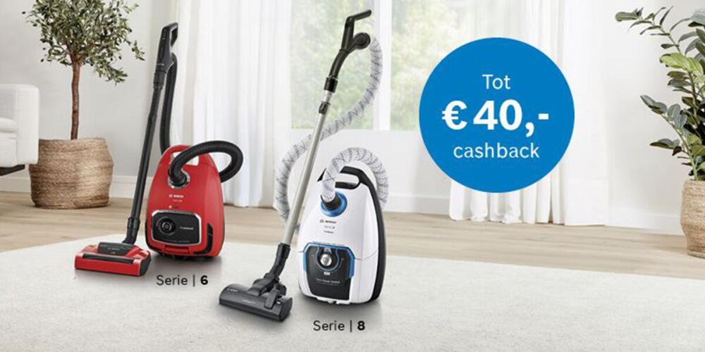 Twee stofzuigers in een kamer met informatie over cashback van €40.