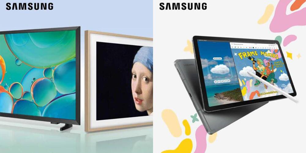 Links televisieschermen met kunst, rechts een tablet met stylus en kleurrijke afbeeldingen.