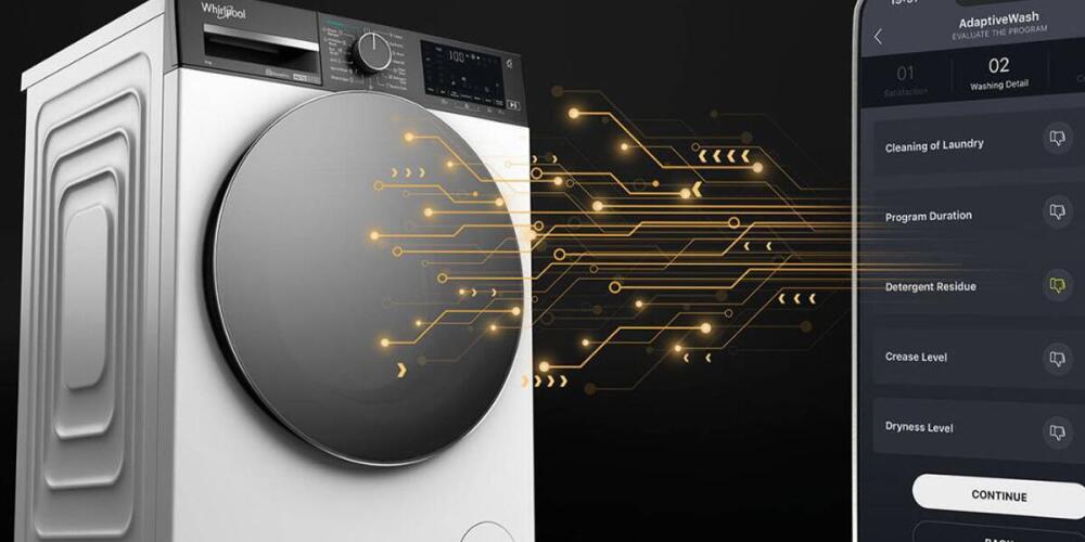 Wasmachine verbonden met app, met virtuele data- en connectiesymbolen.