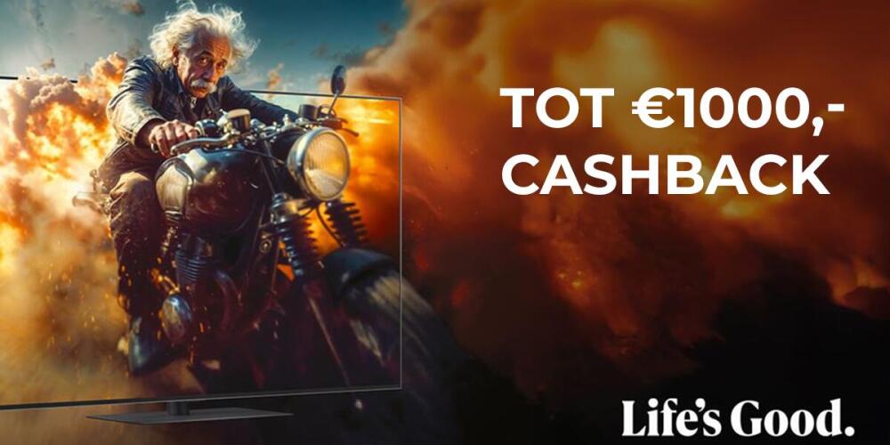 Man op motorfiets rijdt door explosie met tekst over cashback.