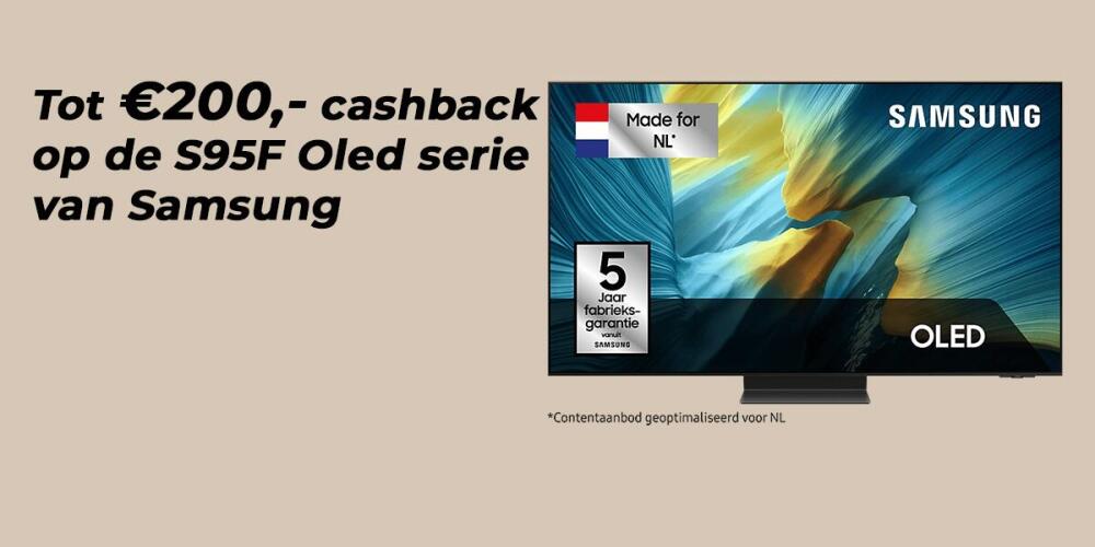 Samsung OLED-tv promotie met cashback tot €200,- en 5 jaar garantie.