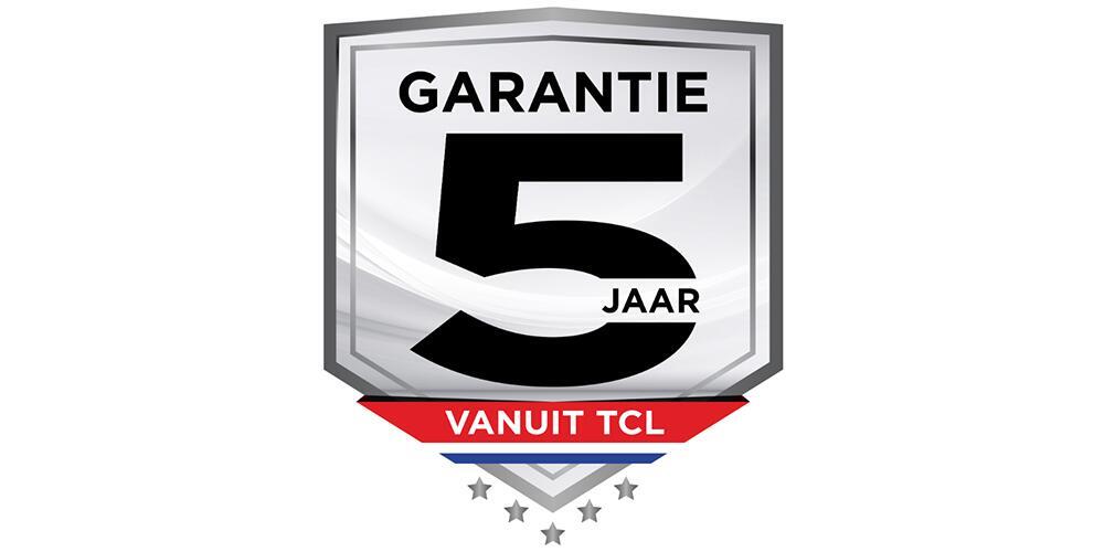 Een embleem met 5 jaar garantie vanuit TCL, grijze en rode kleuren, sterren onderaan.