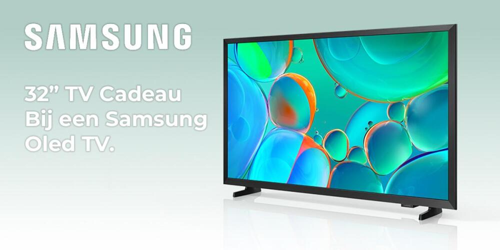 Samsung promotie: 32&quot; TV gratis bij aankoop van een Samsung Oled TV, kleurrijke schermweergave.