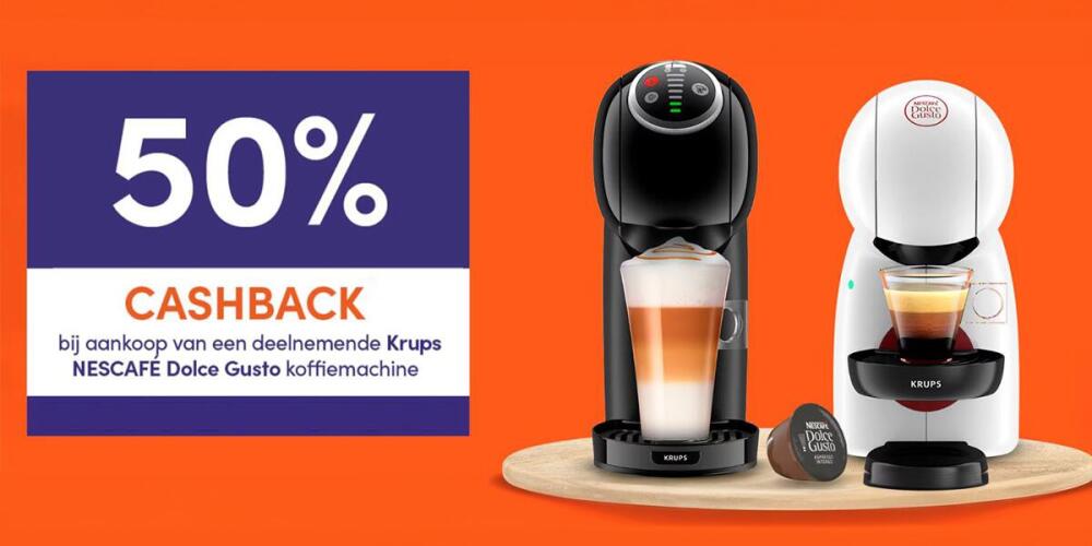 50% cashback op Krups NESCAFE Dolce Gusto koffiemachines, met twee modellen afgebeeld.