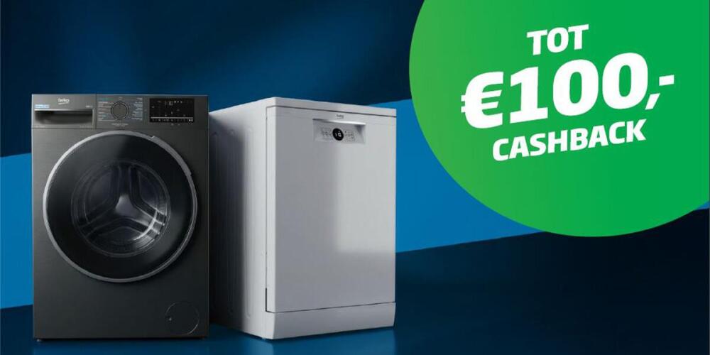 Een wasmachine en vaatwasser met een cashback-aanbieding van maximaal 100 euro.