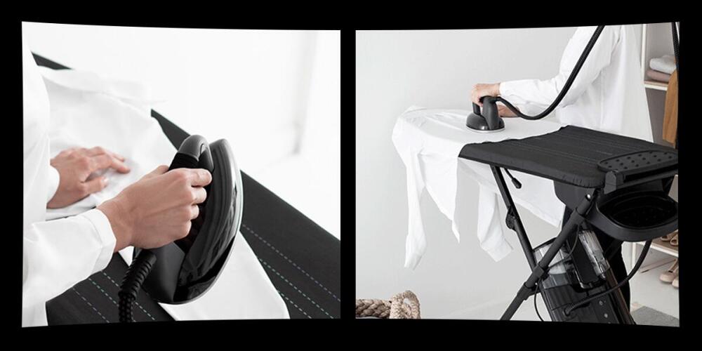 Een persoon strijkt een wit kledingstuk met een zwarte strijkmachine op een strijkplank.