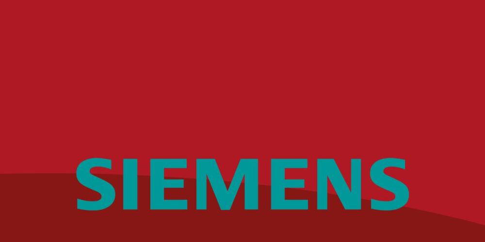 Rood achtergrond met het woord "SIEMENS" in grote blauwe letters.
