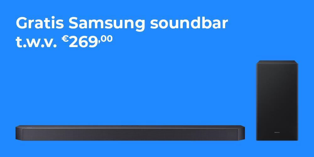 Samsung soundbar aanbieding ter waarde van €269,00 met afbeelding van soundbar en subwoofer.