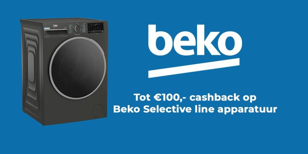 Wasmachine met Beko logo en aanbieding voor €100 cashback op apparatuur.