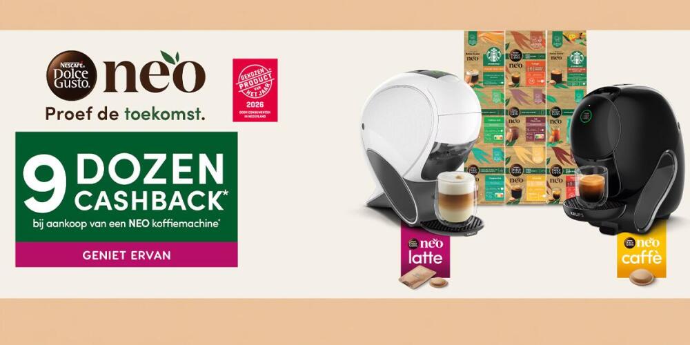 Promotie van Nescafé koffiemachines met cashback-aanbieding en koffiecapsules op de achtergrond.