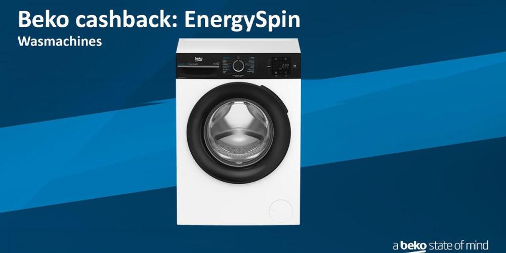 Wasmachine met cashback aanbieding van Beko, merknaam en slogan op een blauwe achtergrond.