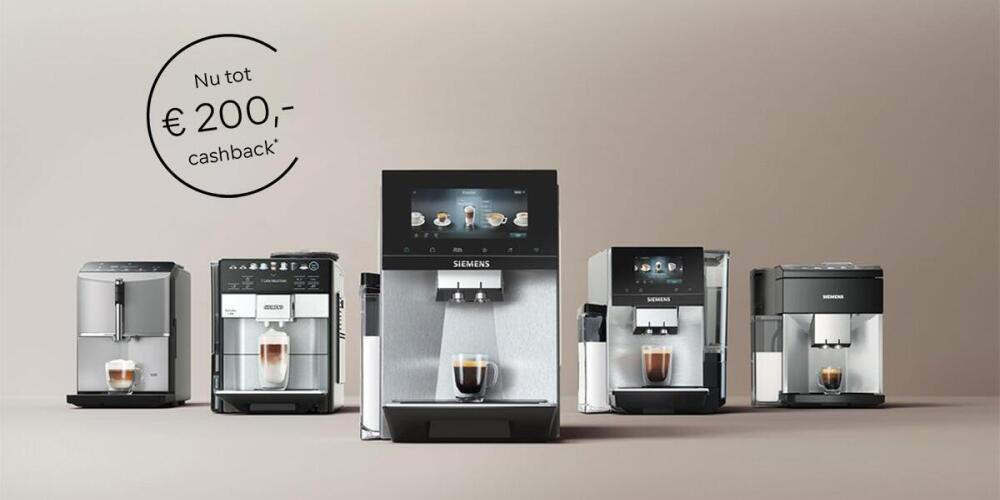 Verschillende Siemens koffiemachines met een promotie voor €200 cashback.