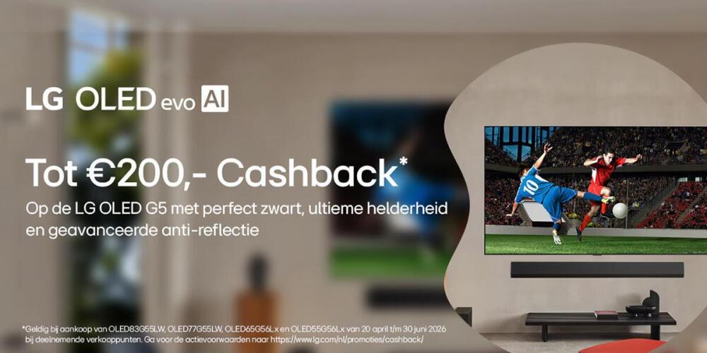 Promotie voor LG OLED evo AI TV met cashback tot €200 en geavanceerde functies.