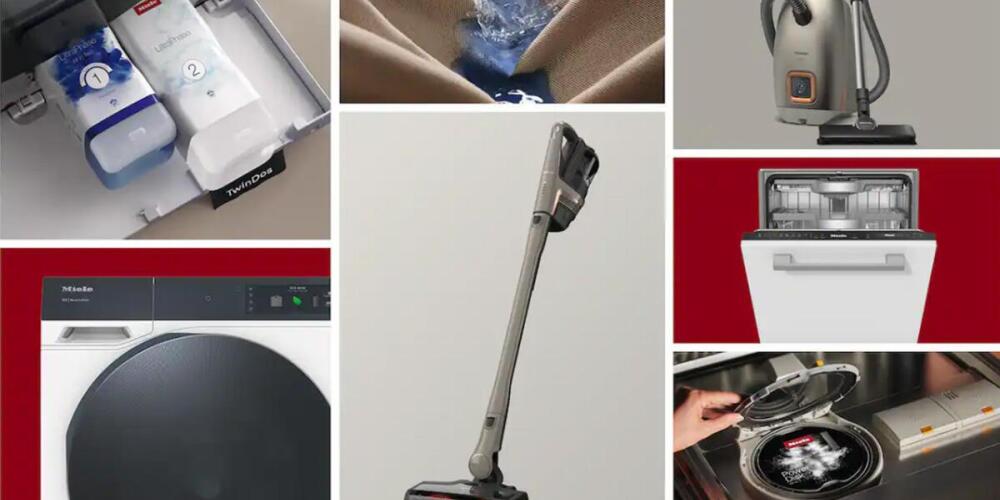 Collage van huishoudelijke apparaten zoals stofzuigers, vaatwassers en wasmachines.