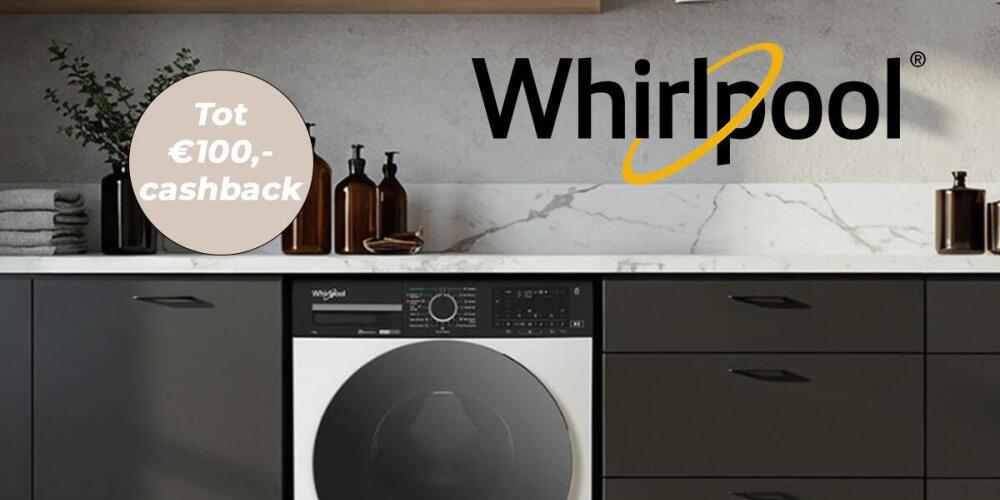 Keukeninterieur met een Whirlpool wasmachine en aanbod van tot €100,- cashback.