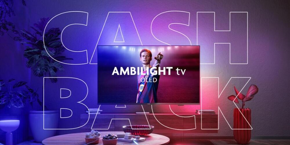 Een OLED Ambilight tv met een cashback-aanbieding in een kleurrijk ingerichte kamer.