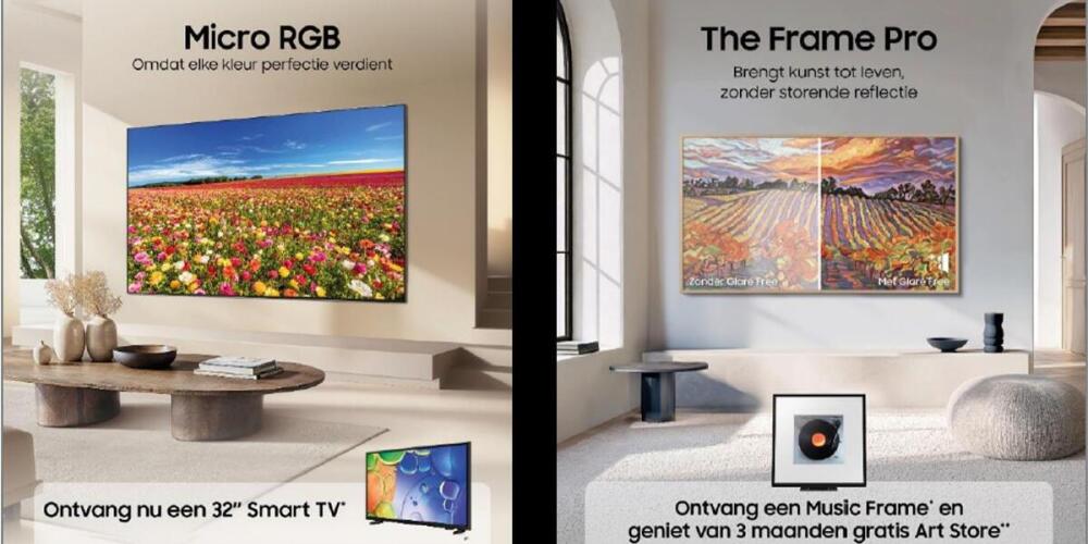 Twee televisiemodellen in elegante kamers met aanbiedingen: Micro RGB en The Frame Pro.