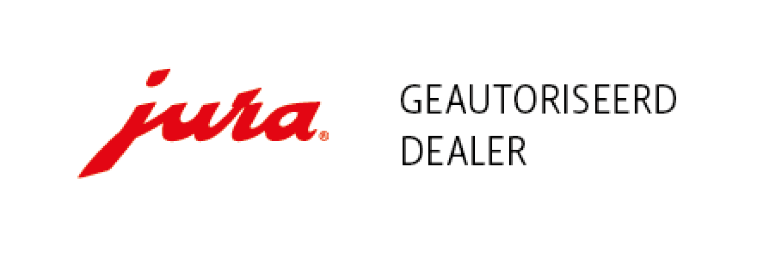 Jura logo met de tekst "Geautoriseerd Dealer" ernaast op een witte achtergrond.