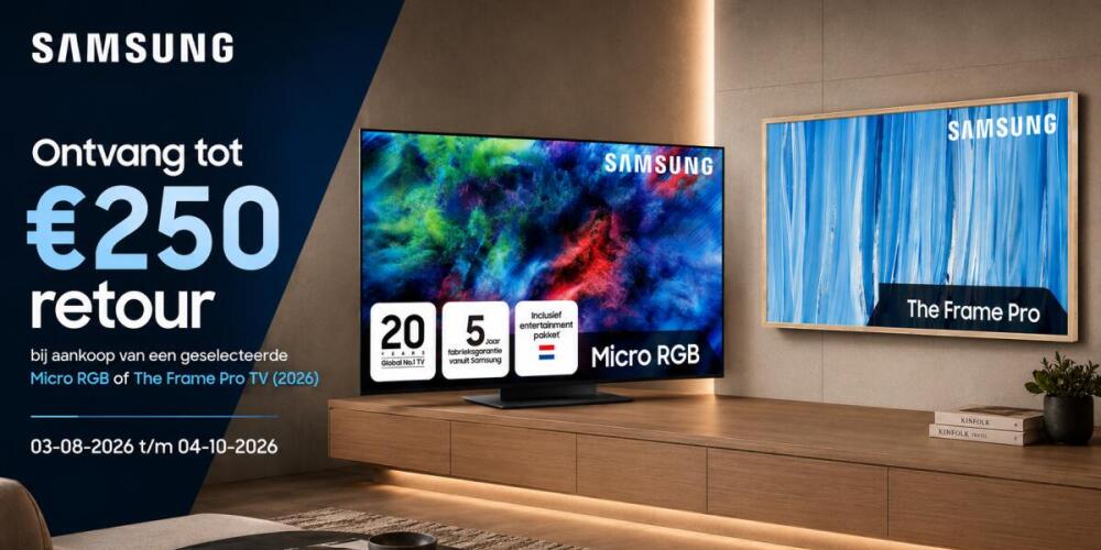 Samsung advertentie voor een cashback aanbod op Micro RGB en The Frame Pro TV's, geldig in 2026.