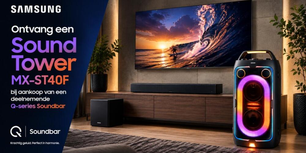 Samsung promotie met Sound Tower en Q-series Soundbar voor home entertainment.