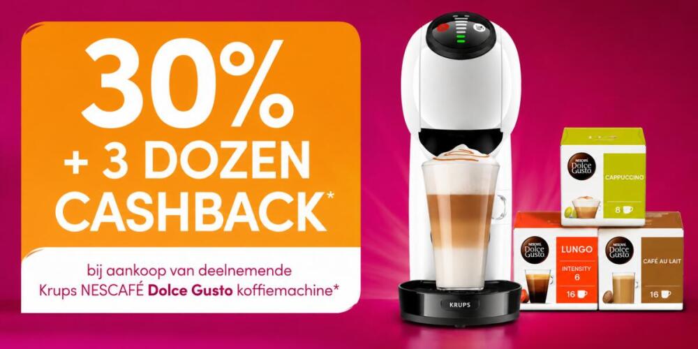 Promotie voor Krups NESCAFÉ Dolce Gusto koffiemachine met 30% cashback en drie dozen koffie.