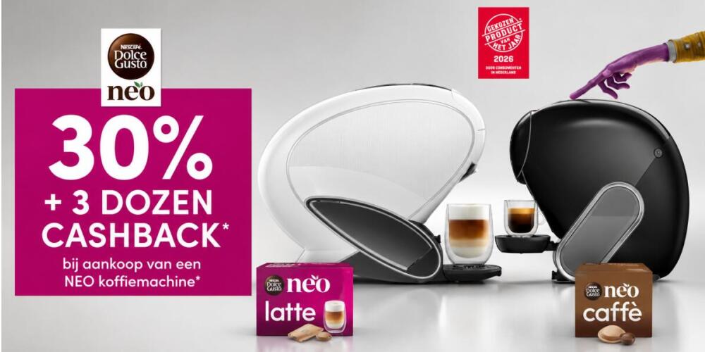Promotie voor Dolce Gusto NEO koffiemachines met 30% cashback en koffie capsules op de afbeelding.