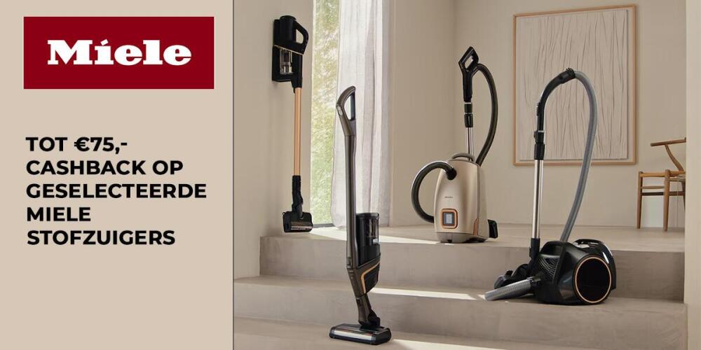 Promotie voor Miele stofzuigers met cashback tot €75,-, toont verschillende modellen op een trap.