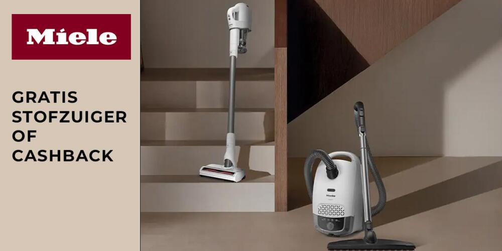 Miele stofzuigers op trap en de tekst "GRATIS STOFZUIGER OF CASHBACK".