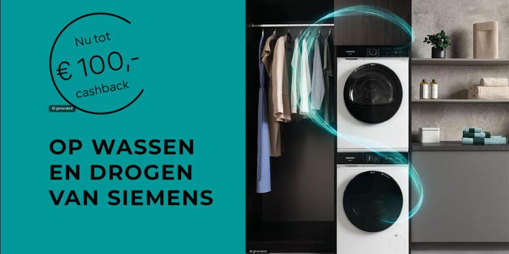 Reclame voor Siemens wasmachines met cashback van €100 en afbeelding van was- en droogapparatuur.