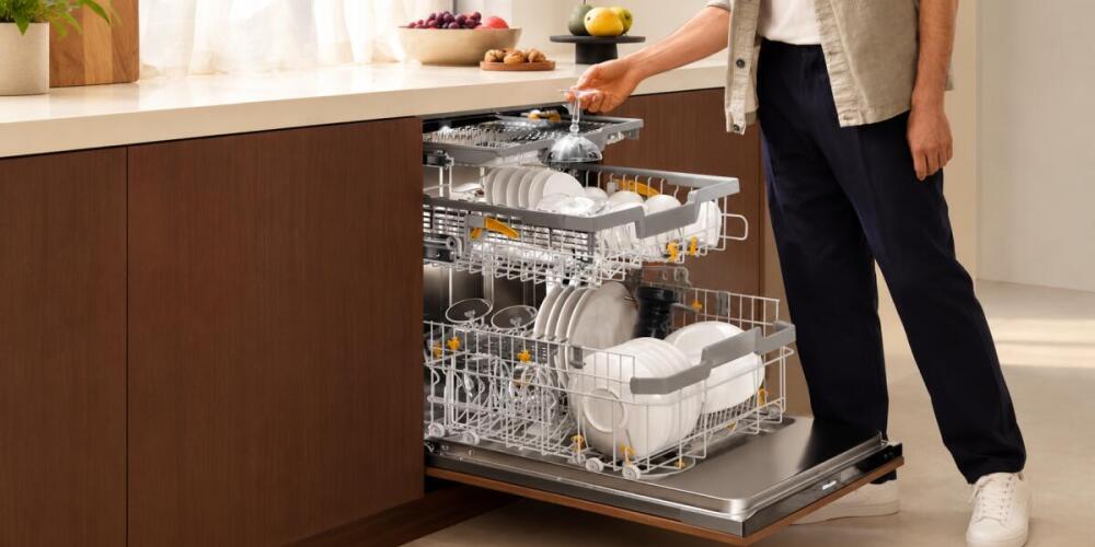 Een persoon laadt een vaatwasser in met borden en keukengerei in een moderne keuken.