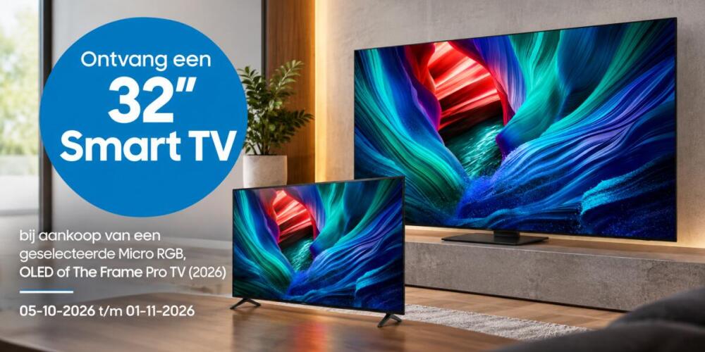 Twee televisies op een kast, promotietekst voor smart TV verkrijgbaar van oktober tot november 2026.