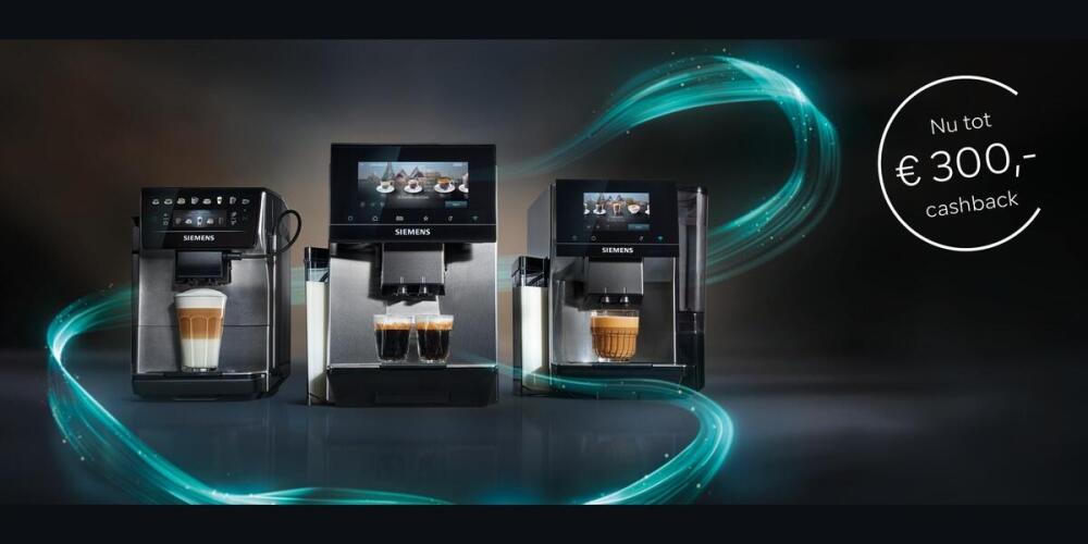 Drie Siemens koffiemachines met een aanbieding van tot €300 cashback, en een visueel lichteffect.